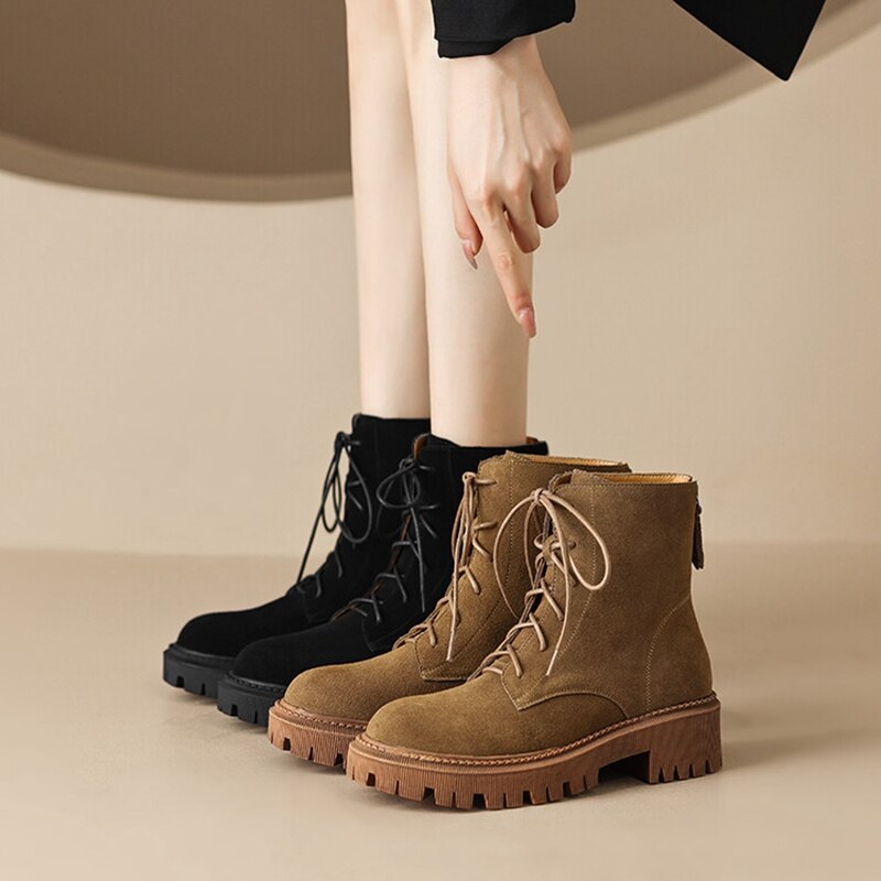 Wenkouban Autumn Boots     Autumn Women Boots Cow Suede Leather Boots Women Round Toe Chunky Heel Boots Winter Short Boots Casual Platform Shoes for Women