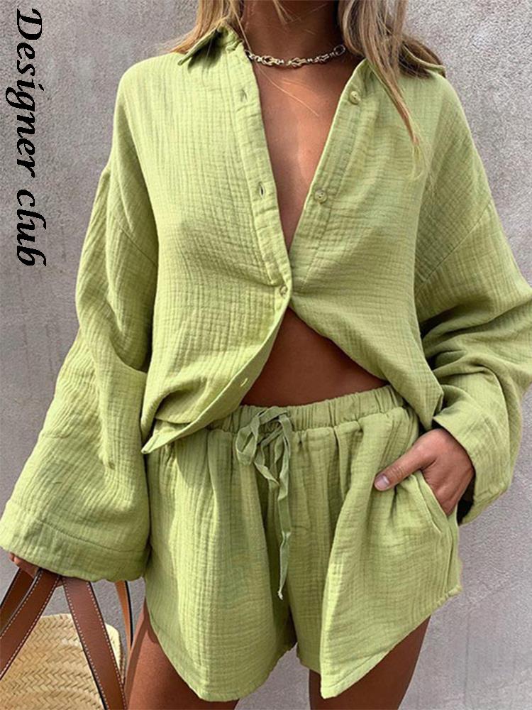 Wenkouban Back To School Women Casual Tracksuit Shorts Set Summer Long Sleeve Shirt Tops And Mini Drawstring Shorts Suit Lounge Wear Two Piece Set