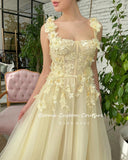Light Yellow Tulle Maxi Prom Dresses Spaghetti Straps Flowers Appliques A-Line Wedding Party Dresses Formal Evening Gowns