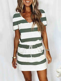 Graduation Gifts Women Elegant Striped Short Sleeve Summer Dress Fashion Casual Elastic Waist Lace-Up Dress Ladies Sexy V-Neck Pullover Dresses