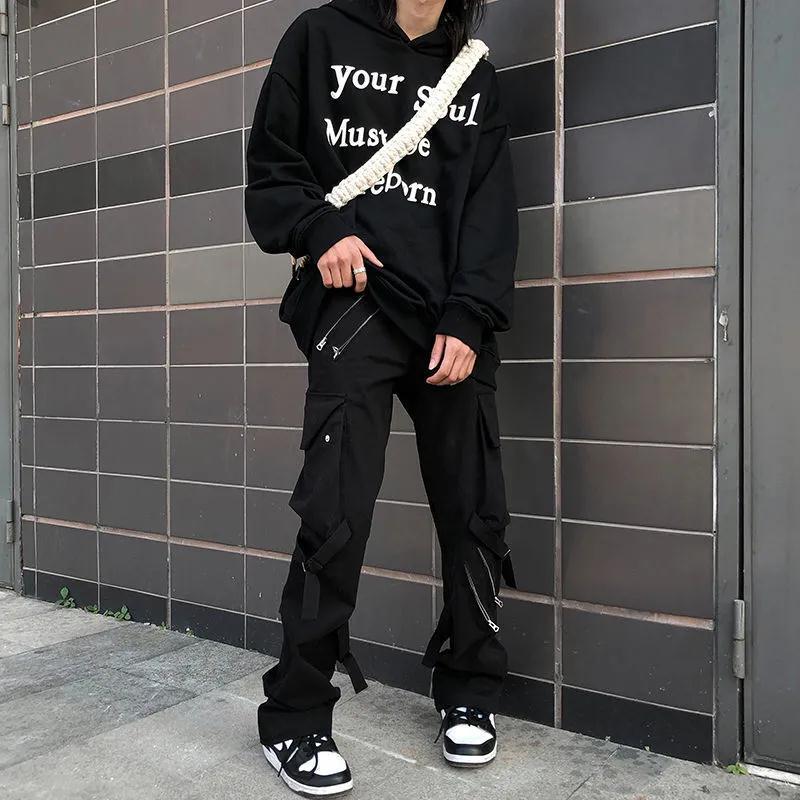 Wenkouban Back To School  Hip Hop Cargo Pants Men Fashion Punk Pants Zipper Hippie Black Cargo Trousers Streetwear Harajuku Gothic Mall Goth Pants