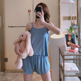 Wenkouban 8 Colors Summer Milk Silk Sling Suit Korean Version Simple Shorts Pajamas Women's Multicolor Ladies Homewear Suit