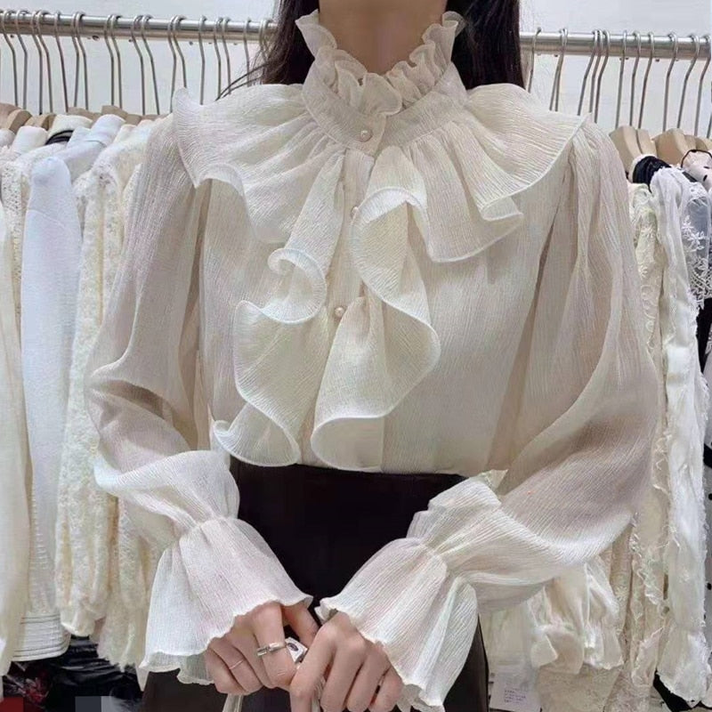 Graduation Gifts   Korean Chic Ruffles Stitching Elegant Blouse Woman Stand Collar Button Chiffon Shirt Long Flare Sleeve Fashion Loose Tops 12946