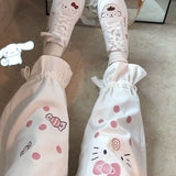 Wenkouban Kawaii Cartoon Print White Wide Leg Pants Women Korean Fashion Cute Oversize Loose Trousers For Female Soft Girl Pink 2022