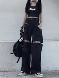 Wenkouban Techwear Gothic Black Cargo Pants Women Streetwear Hollow Out Punk Wide Leg Oversize Pockets Trousers For Female Hip Hop