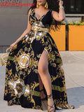 Wenkouban Summer Party Long Dress Women Bohemian Printed Sundress  Side Slit Polka Dot Dress Robe 2023 Deep V Neck Vestidos Robe