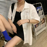 Wenkouban Shirts Women Short Sleeve Solid Bf Loose Turn Down Collar College Simple Stylish All-Match Harajuku 2023 Summer Tops Clothing