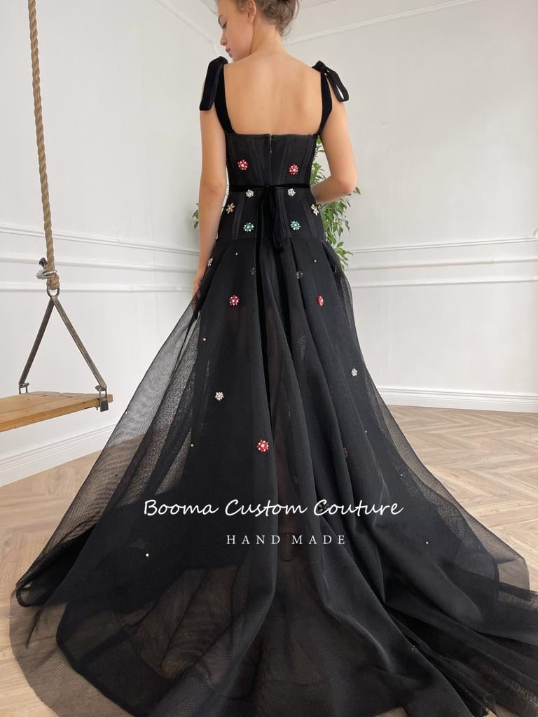 Graduation Gifts Black Mesh Net Tulle A-Line Prom Dresses Spaghetti Straps Crystals Velvet Sashes Long Evening Gowns Formal Party Gowns