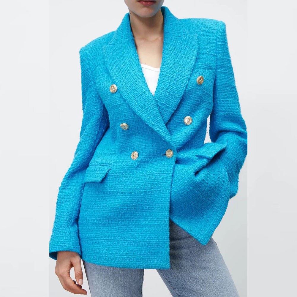 Women's 2022 Suit Fashion New Double Breasted Solid Color Jacket Casual Retro Long Sleeve Pocket Female Chic Blazer Mujer