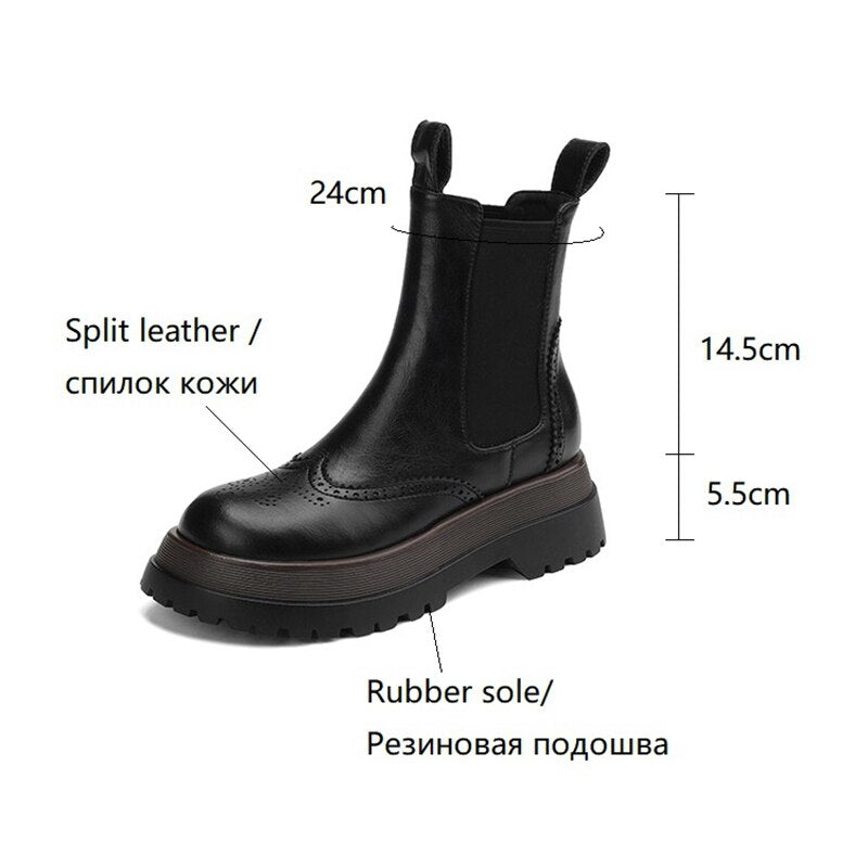 Wenkouban Autumn Shoes    Autumn Women Shoes Round Toe Platform Boots for Women Split Leather Brogues Winter Thick Heel Ankle Boots Black Motorcycle Boots
