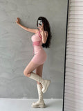 Wenkouban Hot Girl Style Open Back Lace Up Waist Tight Thin Neck Dress Hip Wrap Mini Dress Pink Hot Sweet Korean