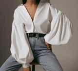 Wenkouban Casual Vintage Button White Blouse Women Lantern Sleeve Oversized Loose Women Shirt Cotton Office Ladies Tops Blusas