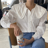 Graduation Gifts   Turn-Down Collar Puff Long Sleeve Button Loose Woman Shirt Solid White Women Blouses Tops Blusas Pleated Work Style OL Shirts