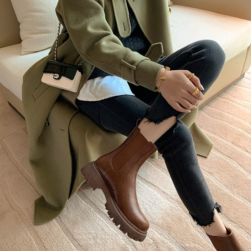 Wenkouban  fashion inspo   NEW Fall/Winter Shoes Women Split Leather Ankle Boots Round Toe Chunky Shoes for Women Solid Chelsea Boots Leisure Black Boots