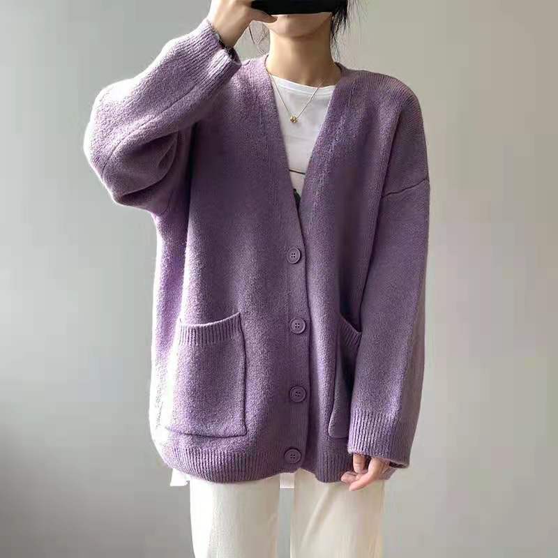 Wenkouban Autumn Loose Cardigans Casual Vintage Women Knitted Sweaters  Fashion Korean Long Sleeve Knitwear Female Solid V-Neck Sweaters