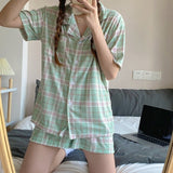Wenkouban 2022 Women Pyjama Set Cotton Short-Sleeve Summer Plaid Pajamas Women's Two Piece Sets Home Wear Suits Sleepwear