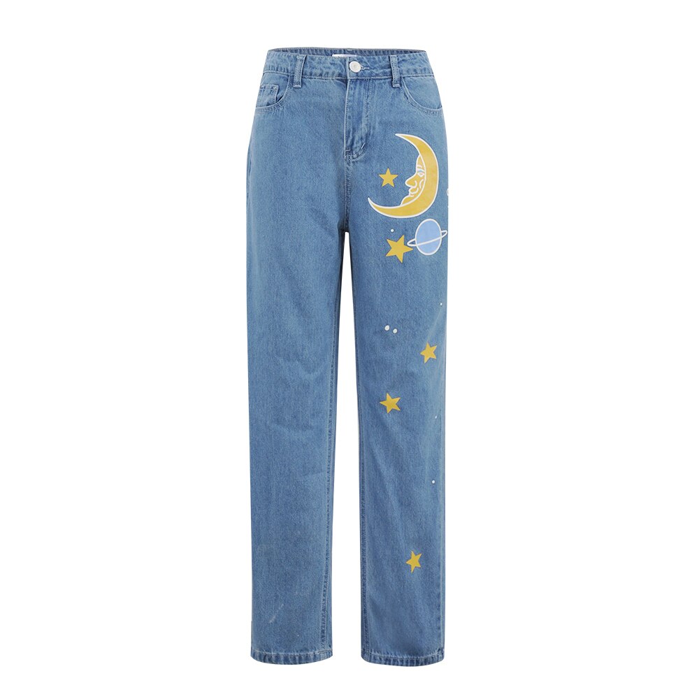 Straight Women's Cute Jeans Baggy Vintage High Waist Moon Star Pattern Young Girls Denim Pants Streetwear 2022 Female Long Jeans