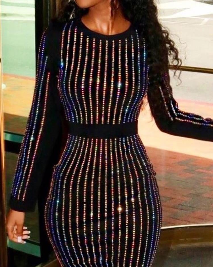 Wenkouban 2022 Women Fashion Elegant Stripes Binding Long Sleeve Sequin Party Dress Sexy Round Neck Party Cocktail Sequins Dress