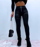 Wenkouban Skinny Pants For Women 2023 Solid Color Plain Zipper Design Eyelet Buckle High Waist Pants Chic