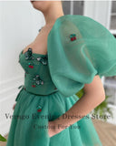 Verngo 2021 Old Green Organza Short Prom Dresses Puff Sleeves Butterfly Sweetheart Above Knee Length Formal Party Gown