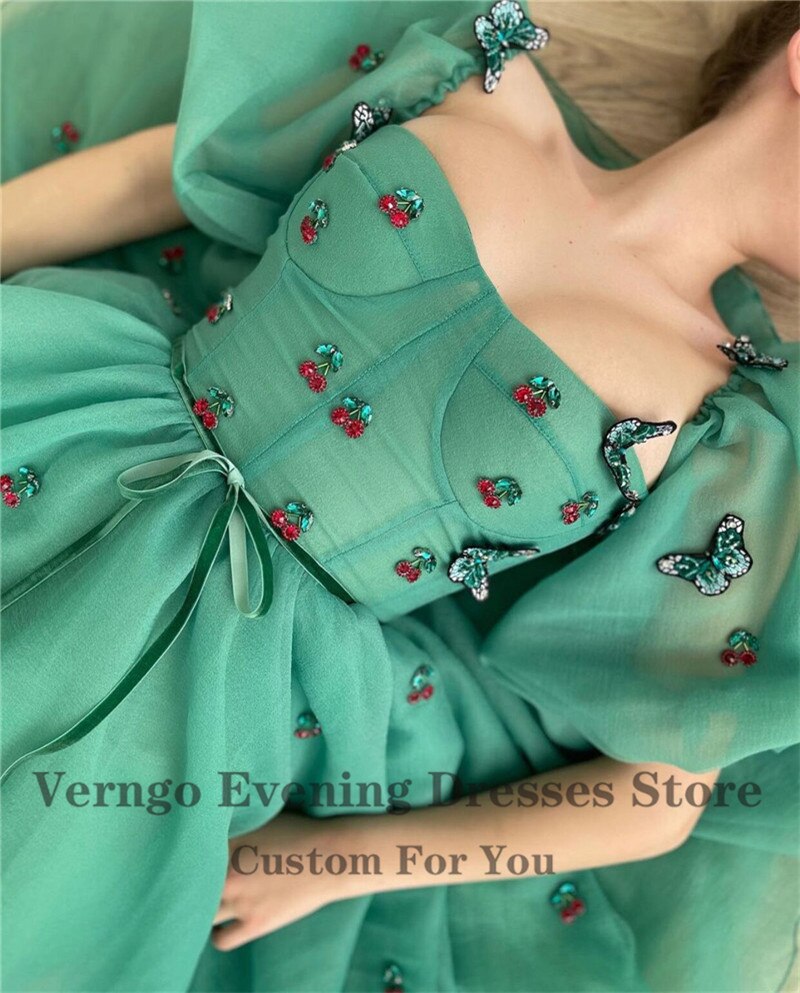 Verngo 2021 Old Green Organza Short Prom Dresses Puff Sleeves Butterfly Sweetheart Above Knee Length Formal Party Gown