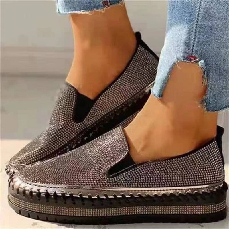 Wenkouban - Silver Casual Patchwork Rhinestone Round Comfortable Out Door Flats Shoes
