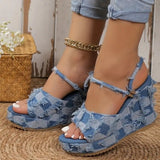 Wenkouban - Light Blue Casual Patchwork Fish Mouth Out Door Wedges Shoes