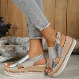 Wenkouban - Gold Casual Hollowed Out Patchwork Fish Mouth Out Door Wedges Shoes (Heel Height 1.97in)