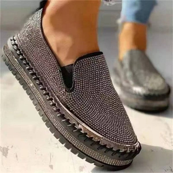 Wenkouban - Silver Casual Patchwork Rhinestone Round Comfortable Out Door Flats Shoes