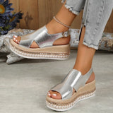 Wenkouban - Gold Casual Hollowed Out Patchwork Fish Mouth Out Door Wedges Shoes (Heel Height 1.97in)